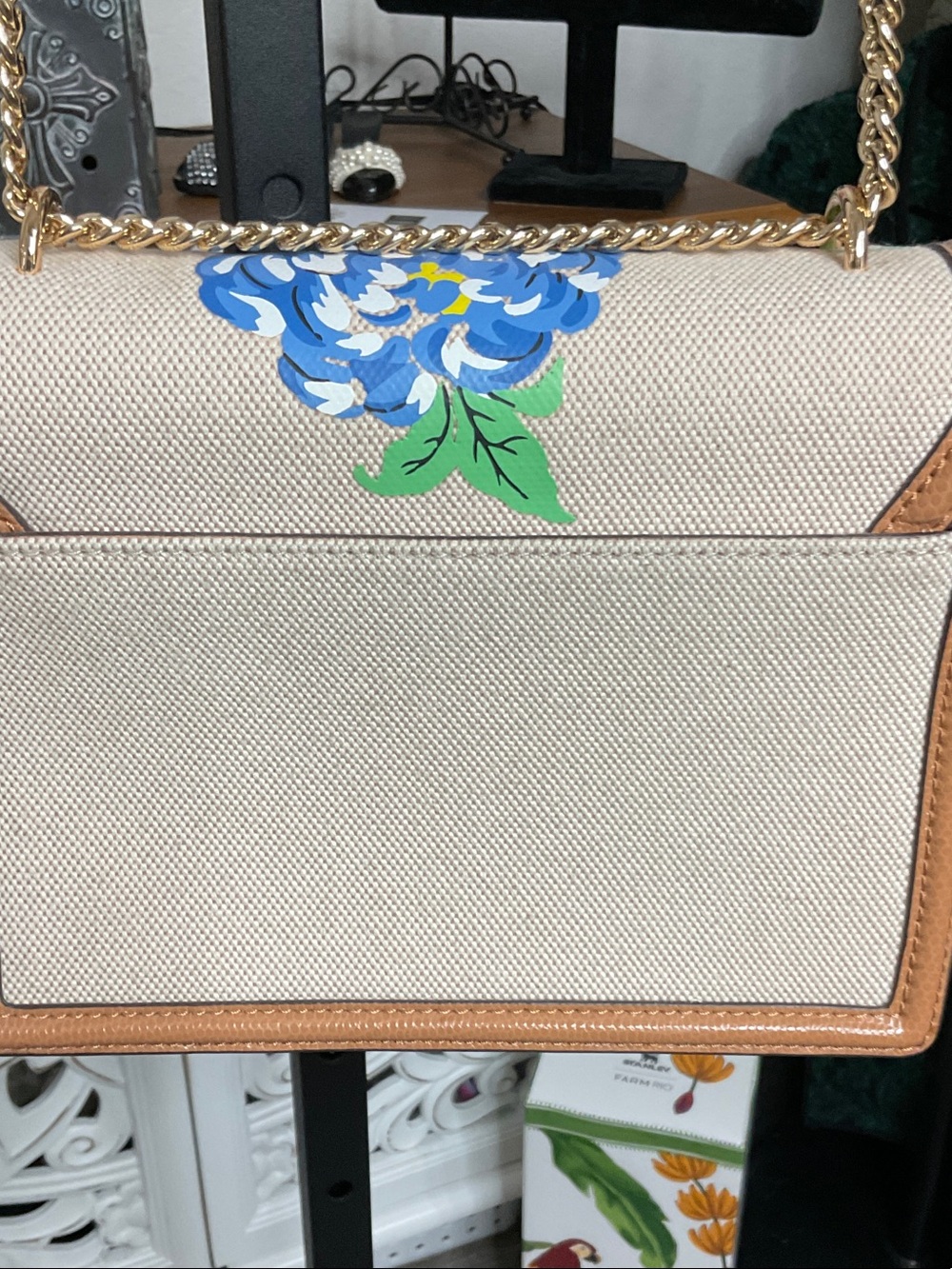 Tory Burch Like New Blue Floral Canvas Crossbody with Tan Trim and Gold Chain - Picture 5 of 6